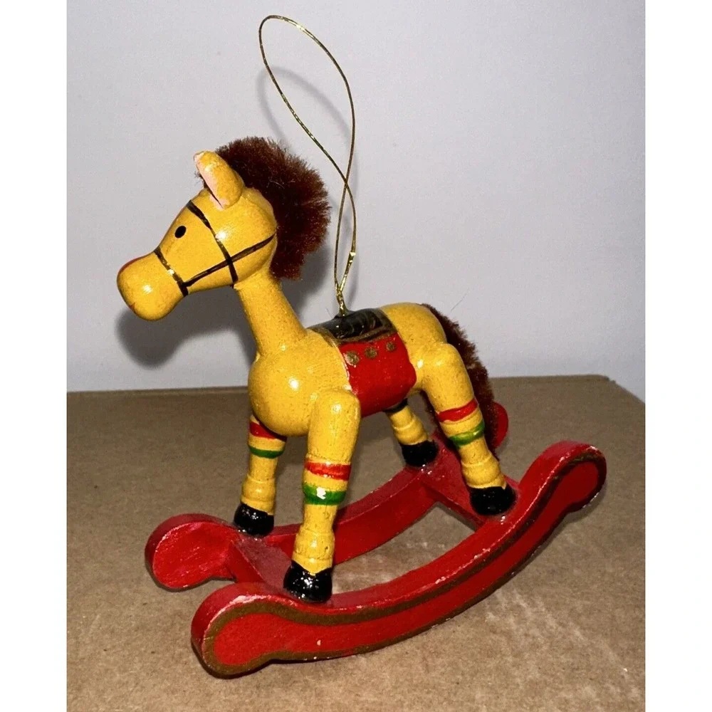 Set of 2 - Vintage 1980's Hand‎ Painted Yellow & Green Rocking Horse Ornaments